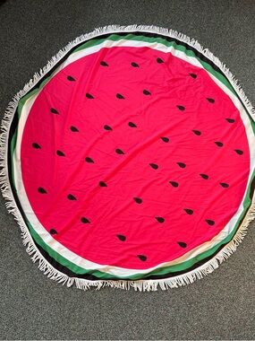 Pink & Green Seeded Watermelon Throw Thin Circular Picnic Blanket White Fringe